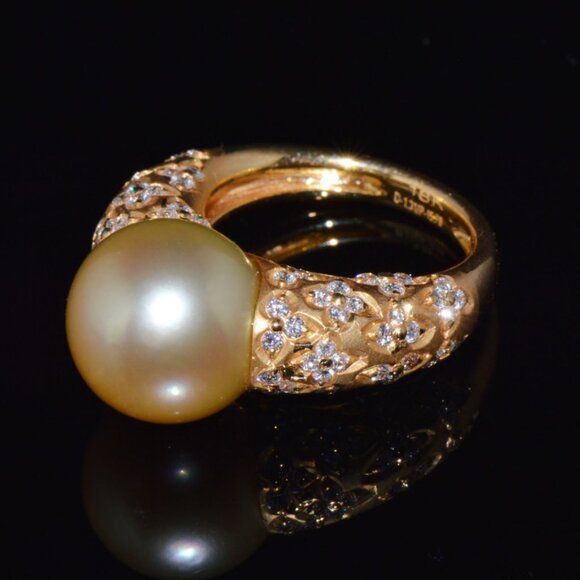 Certified Natural 1.31Cts VS F Diamond 13MM South Sea Pearl 18K Solid Gold Ring - Picture 7 of 10